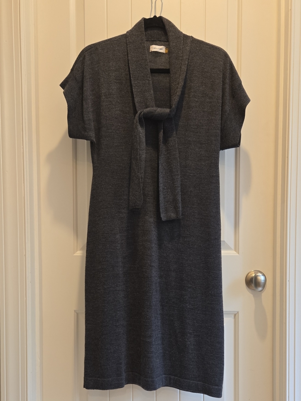 Calvin Klein Dark Charcoal Knit Tie-Neck Midi Dress